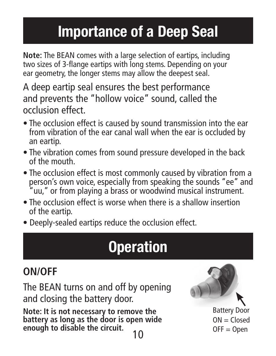 Importance of a deep seal, Operation | Etymotic The BEAN® Quiet Sound Amplifier® User Manual | Page 10 / 16