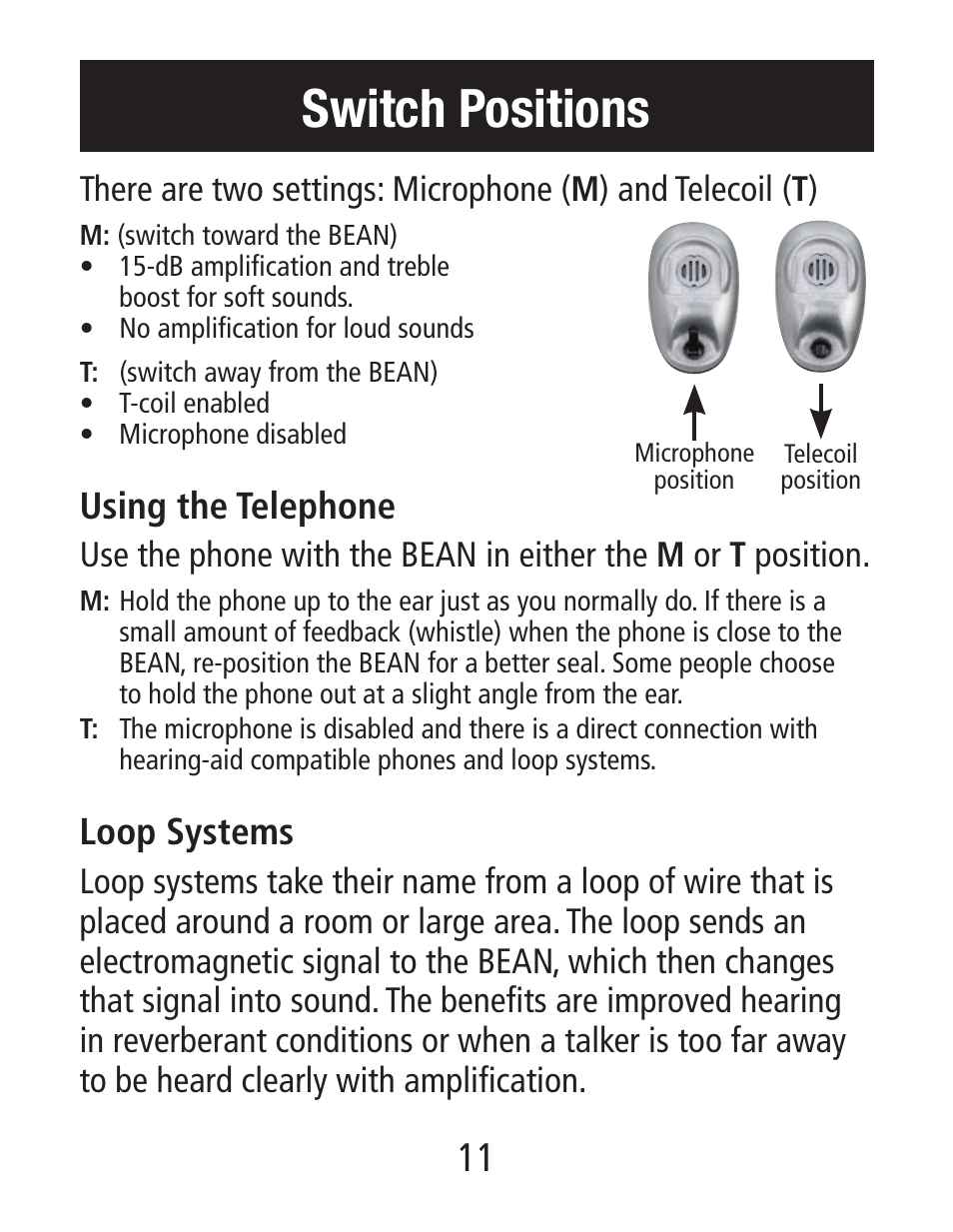 Switch positions | Etymotic The BEAN® Quiet Sound Amplifier® User Manual | Page 11 / 16