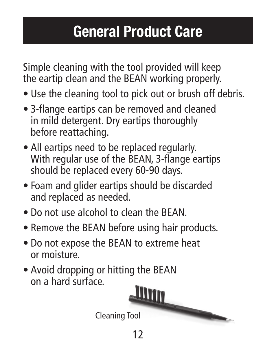 General product care | Etymotic The BEAN® Quiet Sound Amplifier® User Manual | Page 12 / 16