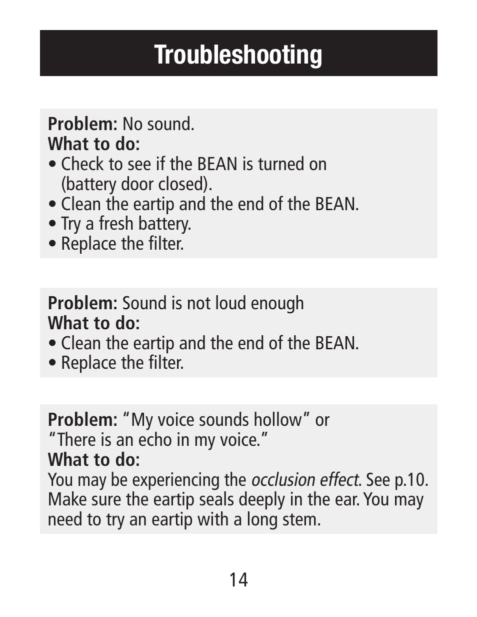 Troubleshooting | Etymotic The BEAN® Quiet Sound Amplifier® User Manual | Page 14 / 16