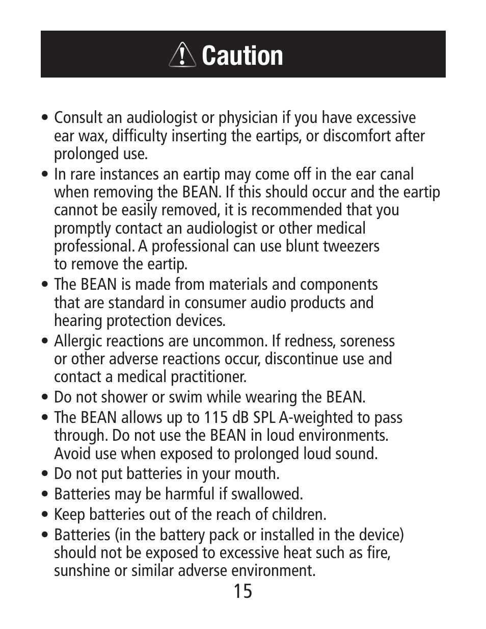 Caution | Etymotic The BEAN® Quiet Sound Amplifier® User Manual | Page 15 / 16