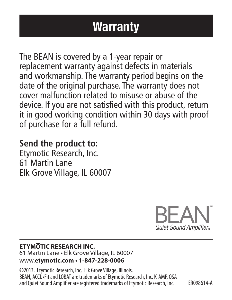 Warranty | Etymotic The BEAN® Quiet Sound Amplifier® User Manual | Page 16 / 16