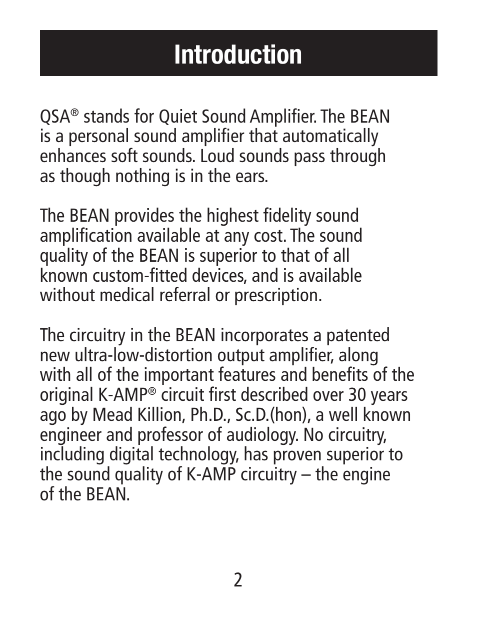 Introduction | Etymotic The BEAN® Quiet Sound Amplifier® User Manual | Page 2 / 16
