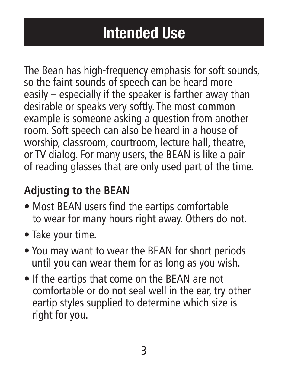 Intended use | Etymotic The BEAN® Quiet Sound Amplifier® User Manual | Page 3 / 16