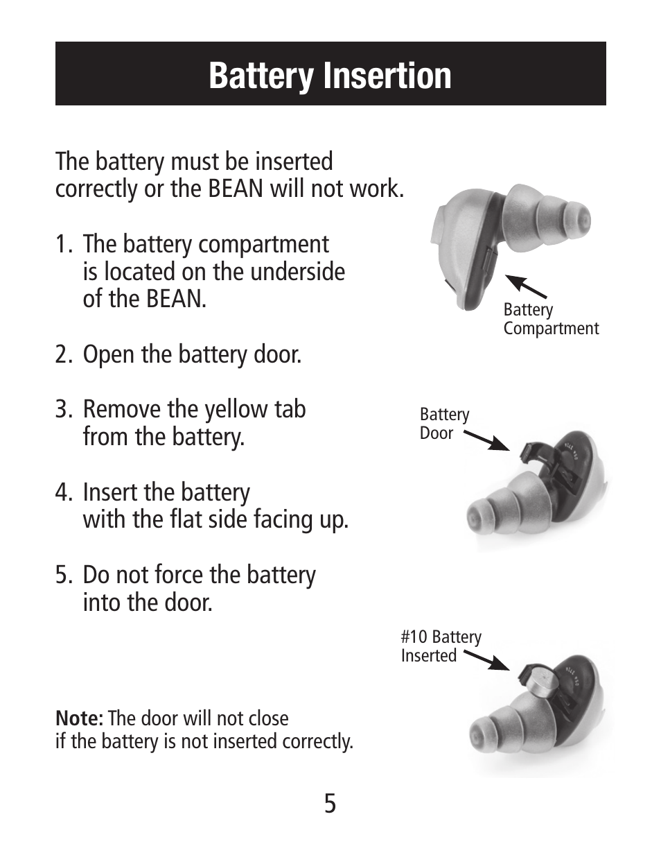 Battery insertion | Etymotic The BEAN® Quiet Sound Amplifier® User Manual | Page 5 / 16