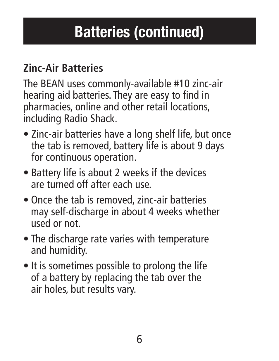 Batteries (continued) | Etymotic The BEAN® Quiet Sound Amplifier® User Manual | Page 6 / 16