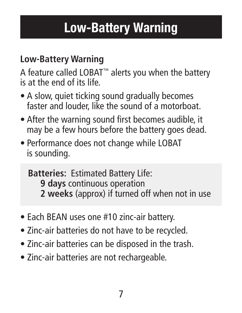 Low-battery warning | Etymotic The BEAN® Quiet Sound Amplifier® User Manual | Page 7 / 16