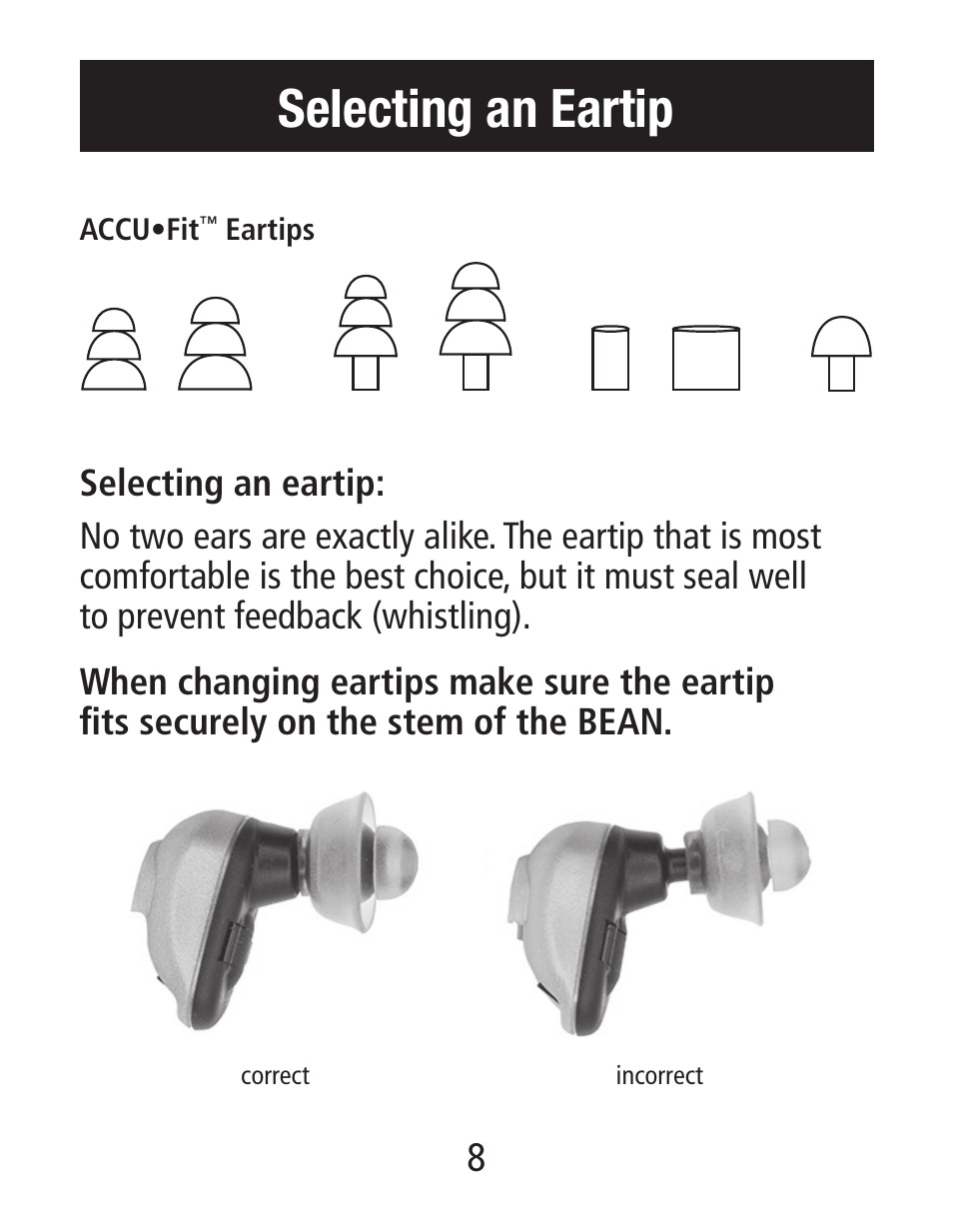 Selecting an eartip | Etymotic The BEAN® Quiet Sound Amplifier® User Manual | Page 8 / 16