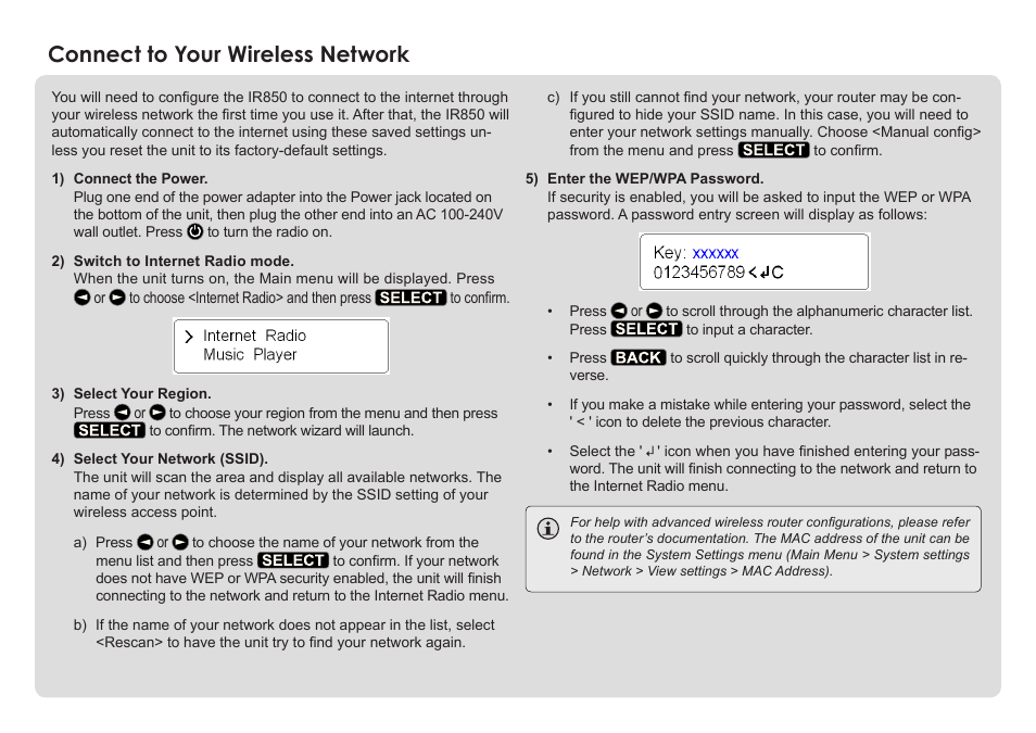 Connect to your wireless network | COBY electronic IR825 User Manual | Page 2 / 4