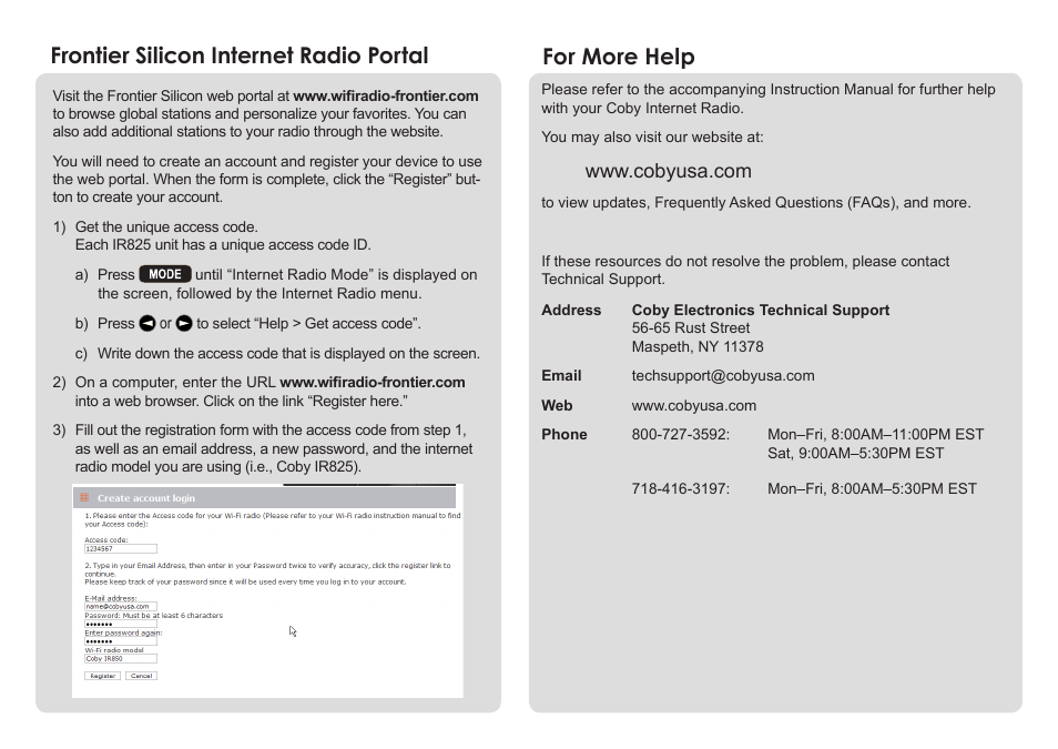 For more help, Frontier silicon internet radio portal | COBY electronic IR825 User Manual | Page 4 / 4