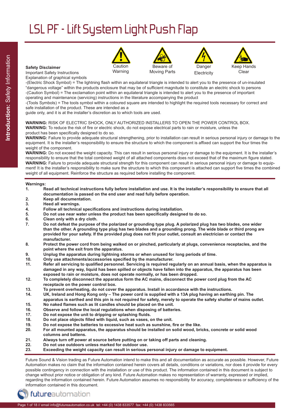 Lsl pf - lift system light push flap | Future Automation LSL-PF User Manual | Page 2 / 20