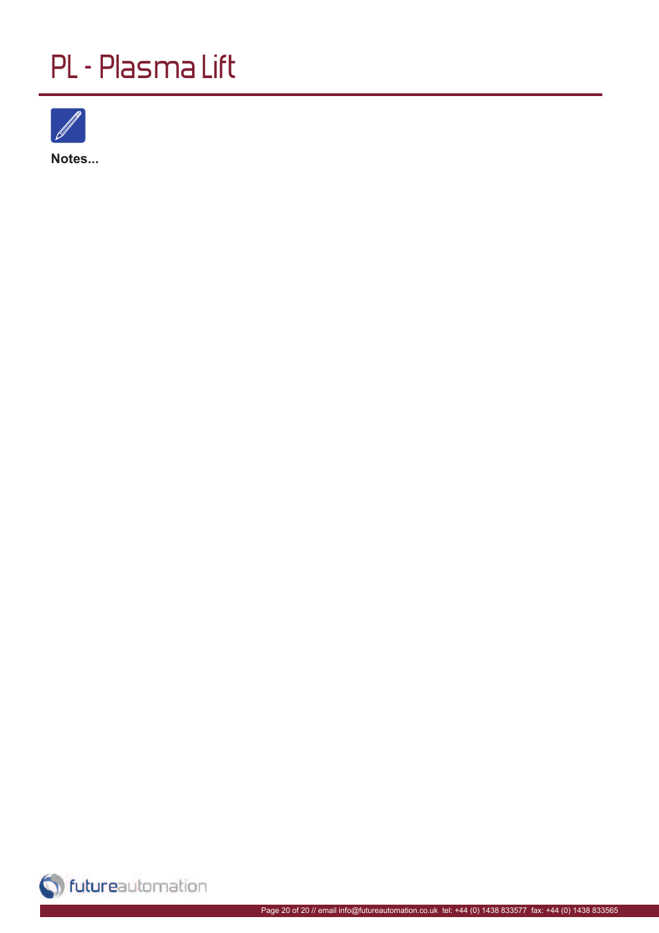 Pl - plasma lift | Future Automation PL User Manual | Page 21 / 22