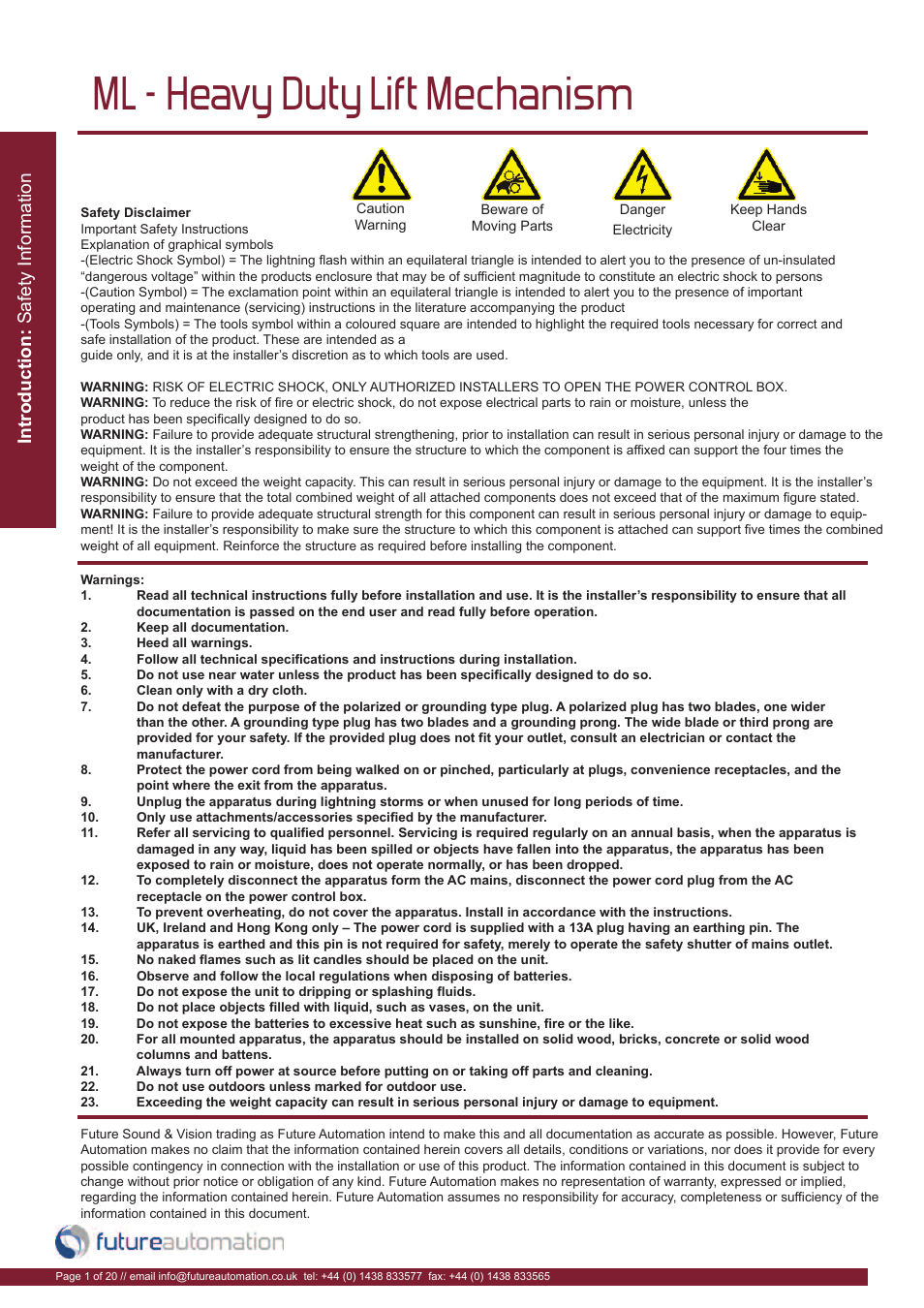 Ml - heavy duty lift mechanism | Future Automation ML User Manual | Page 2 / 22