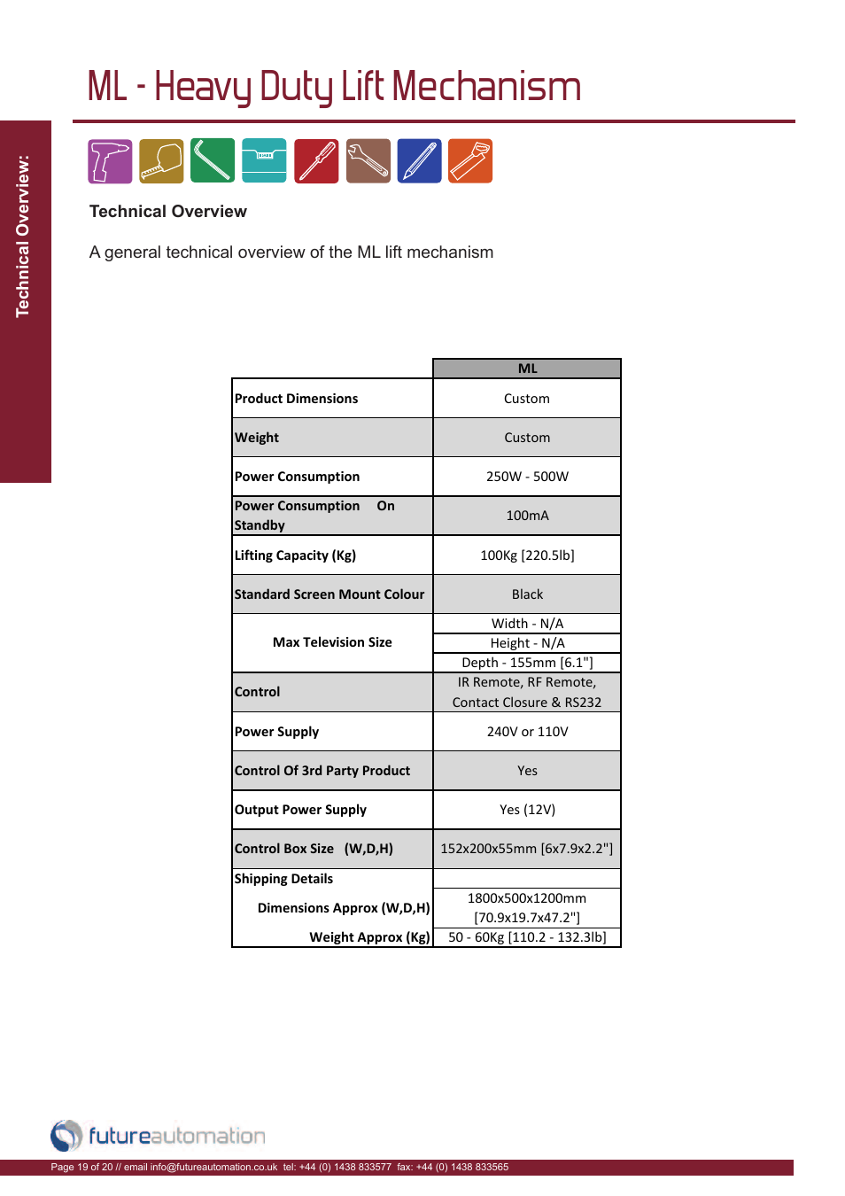 Ml - heavy duty lift mechanism | Future Automation ML User Manual | Page 20 / 22