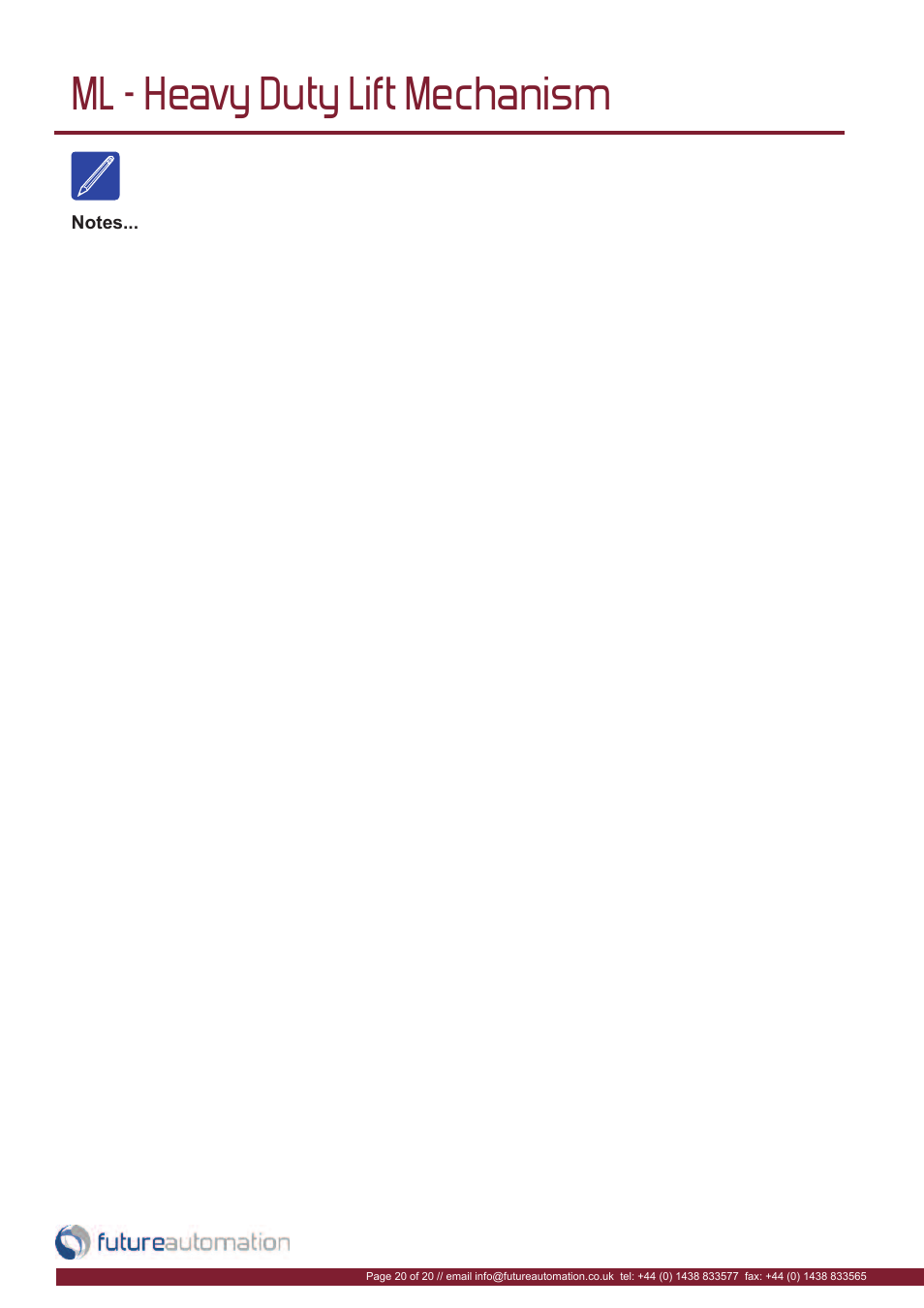 Ml - heavy duty lift mechanism | Future Automation ML User Manual | Page 21 / 22