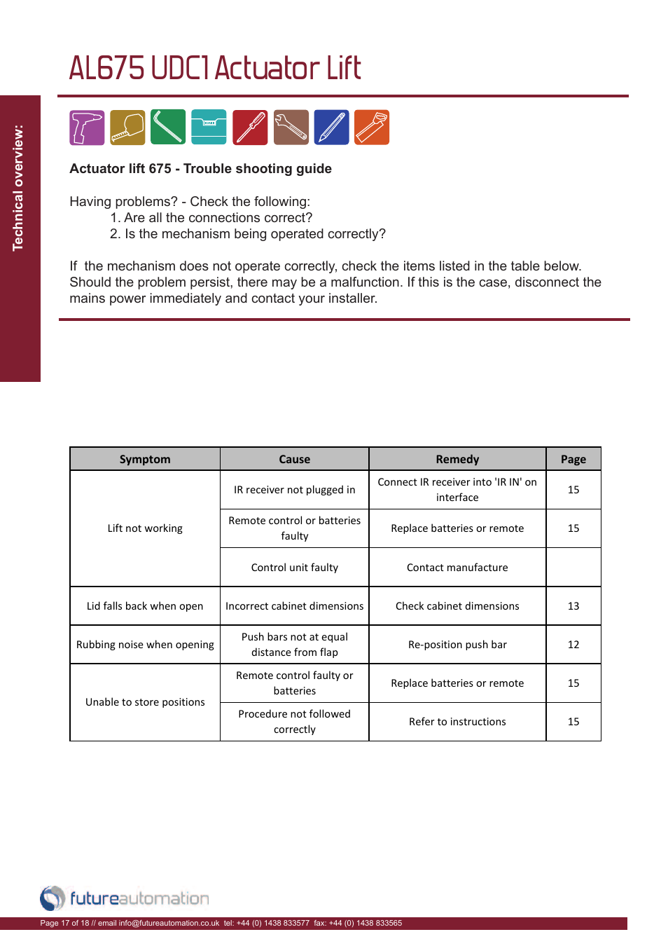 Al675 udc1 actuator lift | Future Automation AL675 User Manual | Page 18 / 20