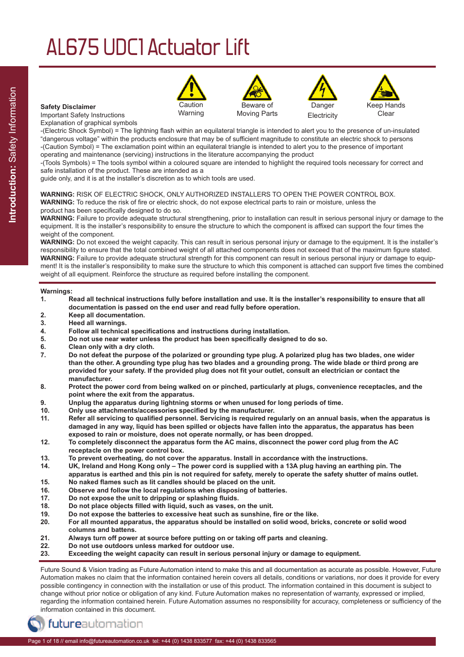 Al675 udc1 actuator lift | Future Automation AL675 User Manual | Page 2 / 20