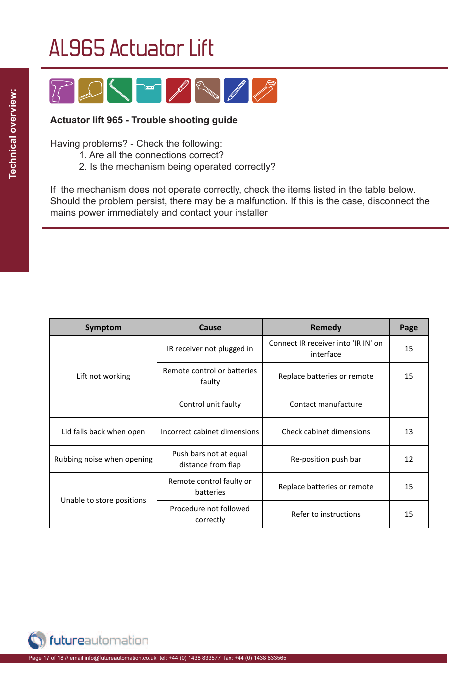 Al965 actuator lift | Future Automation AL965 User Manual | Page 18 / 20
