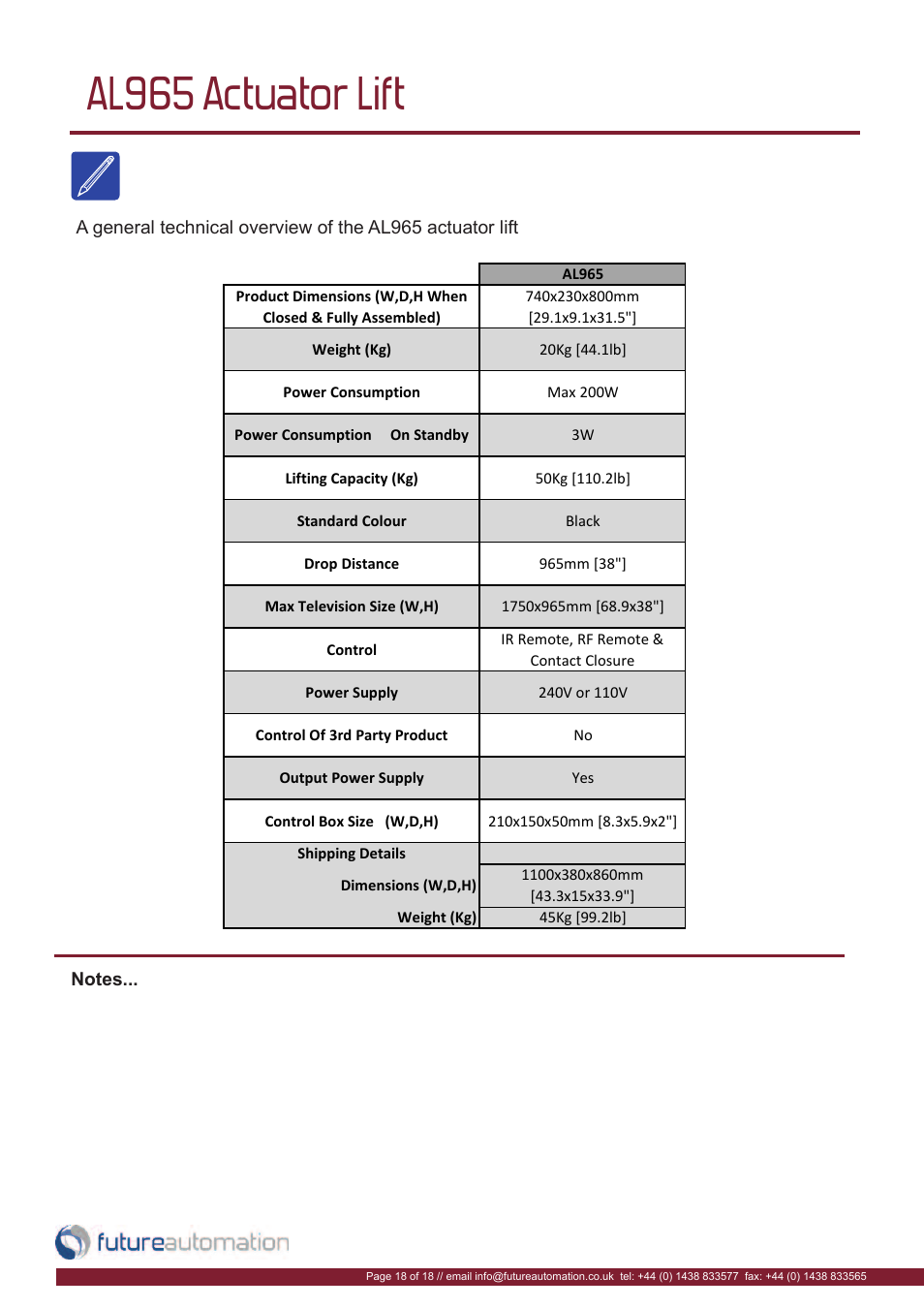 Al965 actuator lift | Future Automation AL965 User Manual | Page 19 / 20