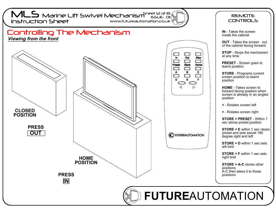 Sheet14, Drawing view50, Drawing view51 | Drawing view52, Drawing view53, Drawing view54, Future automation mls, Controlling the mechanism, Marine lift swivel mechanism instruction sheet | Future Automation MLS User Manual | Page 13 / 19