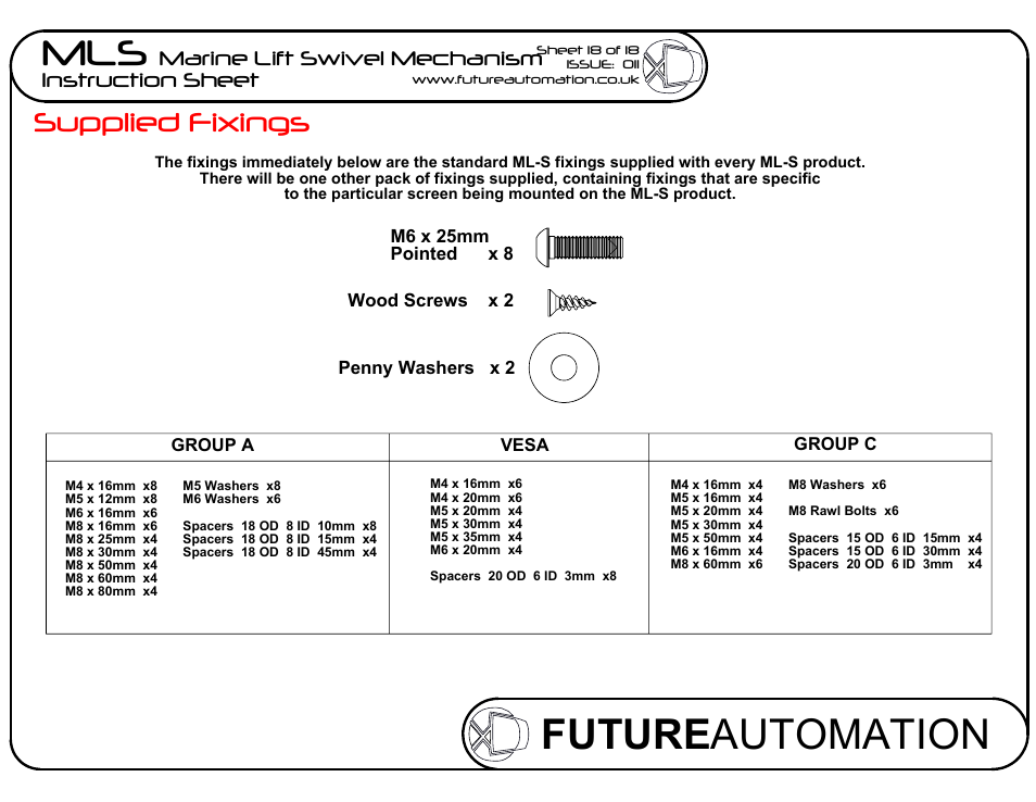 Sheet12, Drawing view34, Drawing view46 | Drawing view84, Future automation mls, Supplied fixings, Marine lift swivel mechanism instruction sheet | Future Automation MLS User Manual | Page 19 / 19
