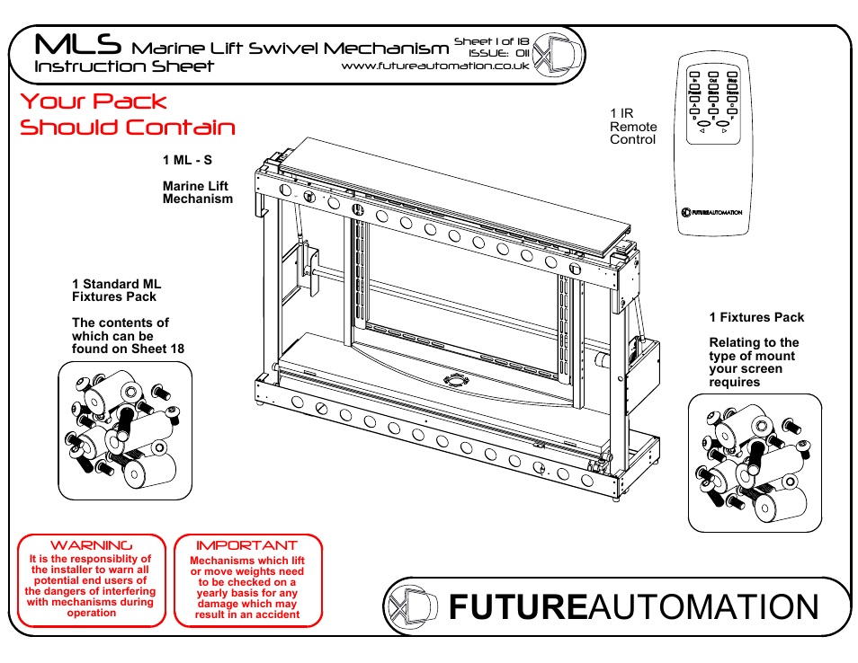 Sheet1, Drawing view2, Drawing view3 | Drawing view36, Drawing view106, Future automation mls, Your pack should contain, Marine lift swivel mechanism instruction sheet | Future Automation MLS User Manual | Page 2 / 19