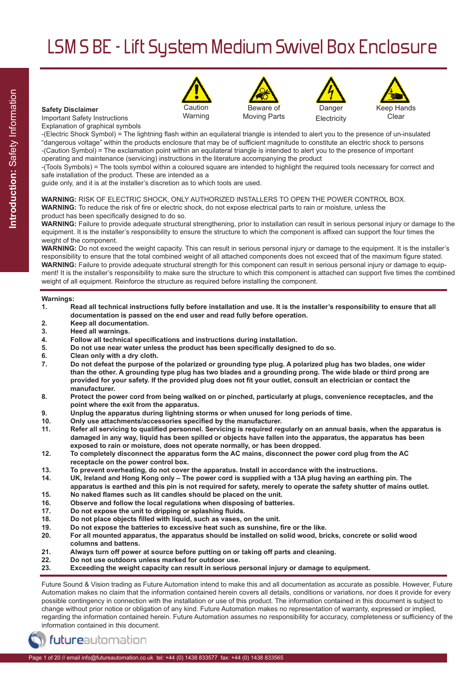 Lsm s be - lift system medium swivel box enclosure | Future Automation LSM-S-BE User Manual | Page 2 / 22