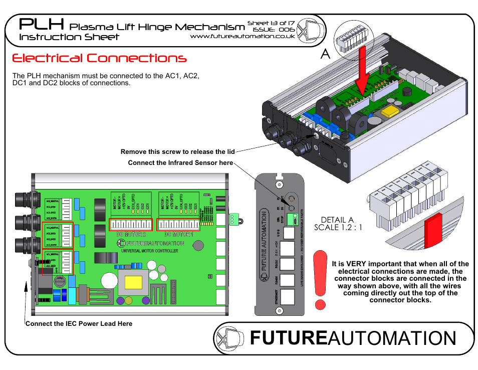 Sheet11, Drawing view37, Drawing view38 | Drawing view39, Detail view a (1.2 : 1), Drawing view41, Future automation plh, Electrical connections | Future Automation PLH User Manual | Page 14 / 18