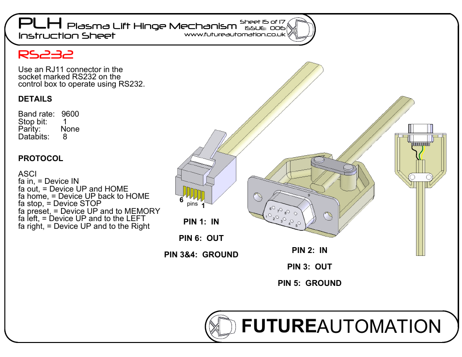 Sheet17, Drawing view54, Drawing view55 | Drawing view56, Future automation plh, Rs232, Plasma lift hinge mechanism instruction sheet | Future Automation PLH User Manual | Page 16 / 18