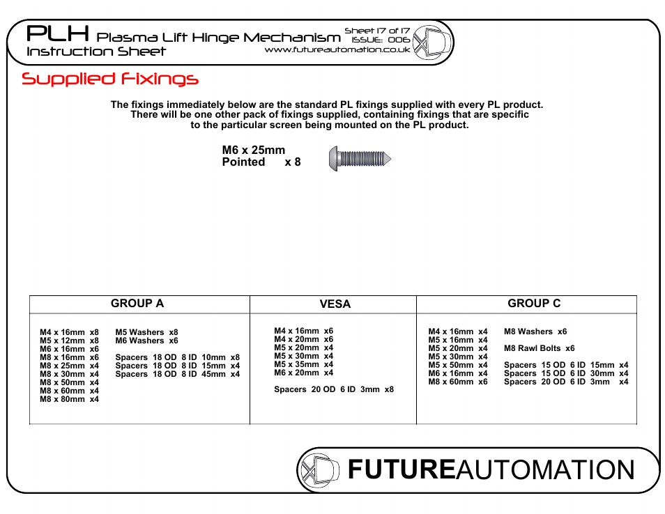 Sheet12, Drawing view34, Future automation plh | Supplied fixings, Plasma lift hinge mechanism instruction sheet | Future Automation PLH User Manual | Page 18 / 18