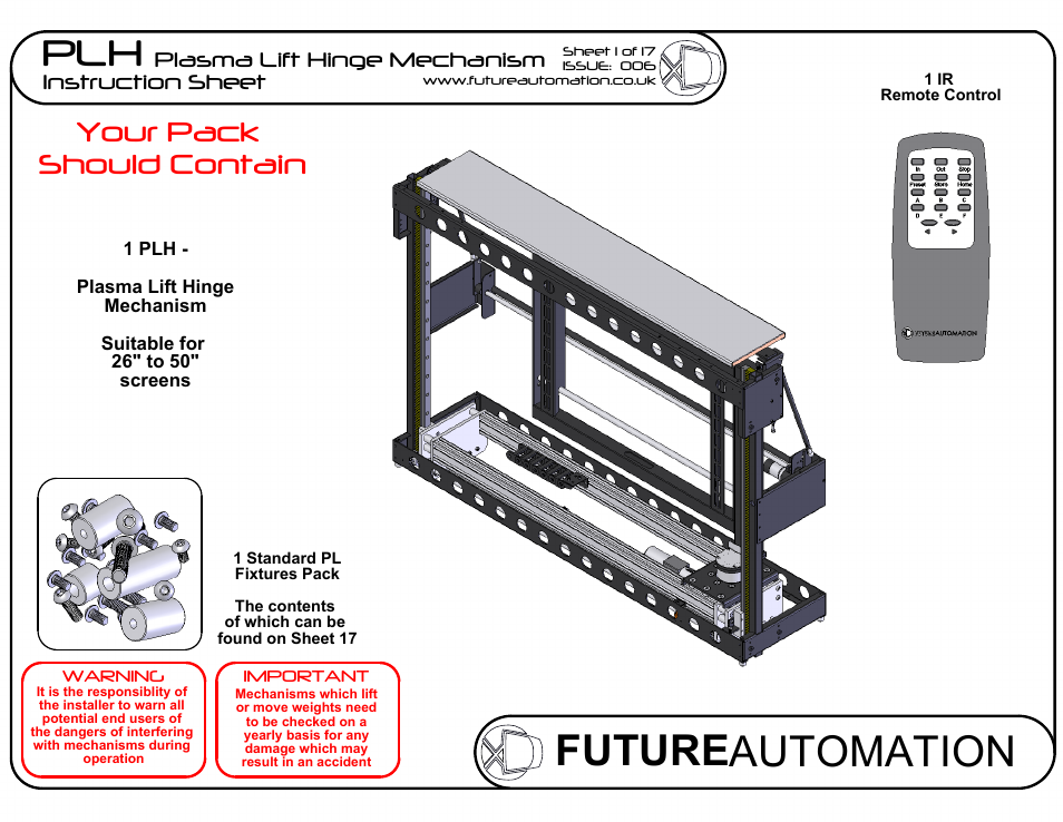 Sheet1, Drawing view2, Drawing view65 | Drawing view66, Future automation plh, Your pack should contain, Plasma lift hinge mechanism instruction sheet | Future Automation PLH User Manual | Page 2 / 18