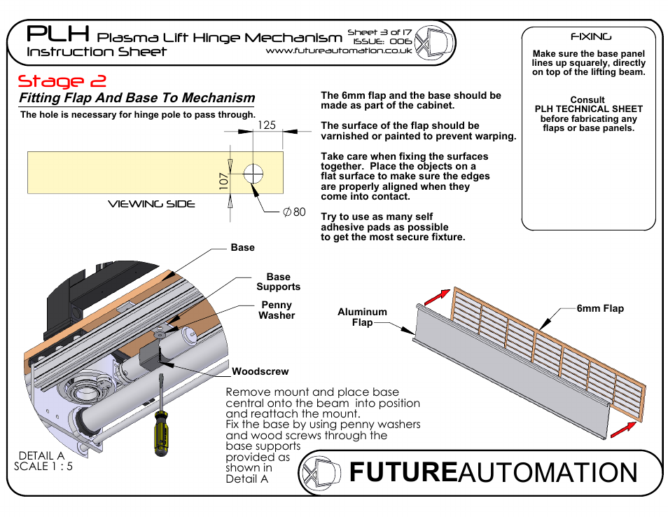 Sheet4, Drawing view5, Drawing view118 | Drawing view120, Drawing view121, Drawing view126, Detail view a (1 : 5), Future automation plh, Stage 2, Plasma lift hinge mechanism instruction sheet | Future Automation PLH User Manual | Page 4 / 18