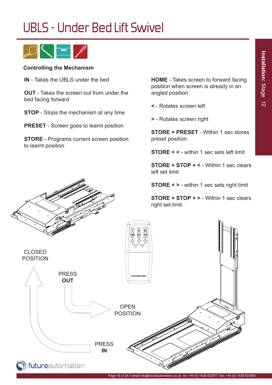 Ubls - under bed lift swivel | Future Automation UBLS User Manual | Page 17 / 26