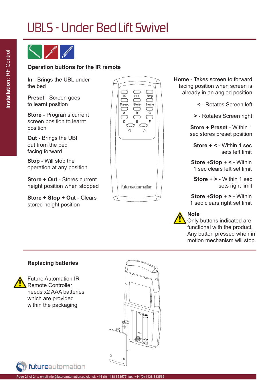 Ubls - under bed lift swivel | Future Automation UBLS User Manual | Page 22 / 26