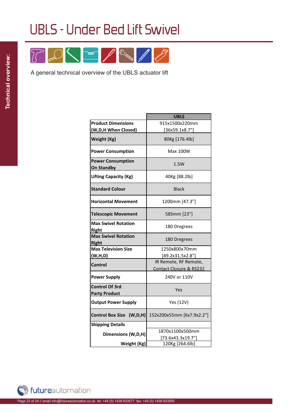 Ubls - under bed lift swivel | Future Automation UBLS User Manual | Page 24 / 26
