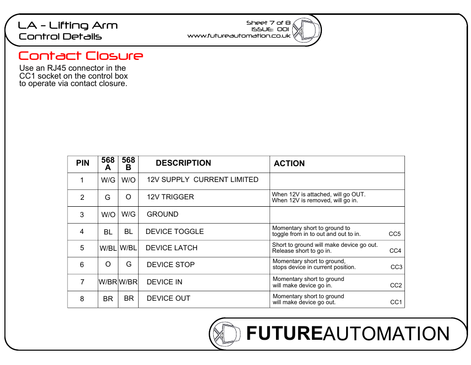 Future automation, Contact closure, La - lifting arm | Control details | Future Automation LA User Manual | Page 7 / 8