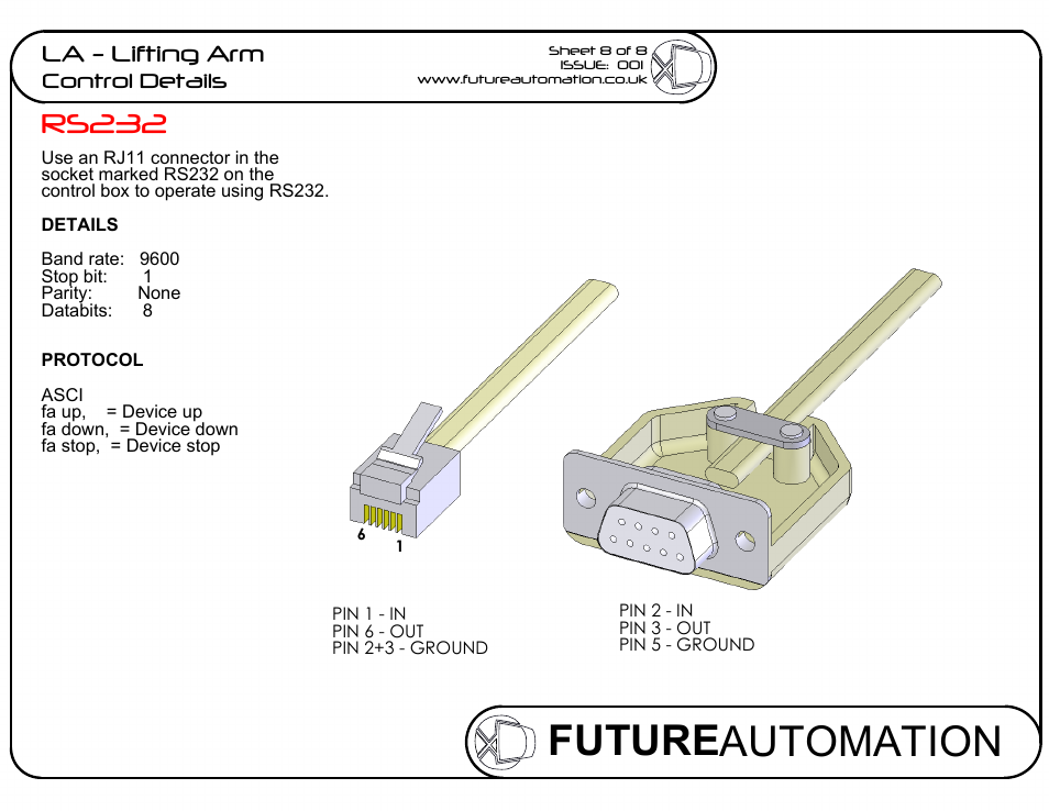 Drawing view6, Drawing view7, Future automation | Rs232, La - lifting arm, Control details | Future Automation LA User Manual | Page 8 / 8