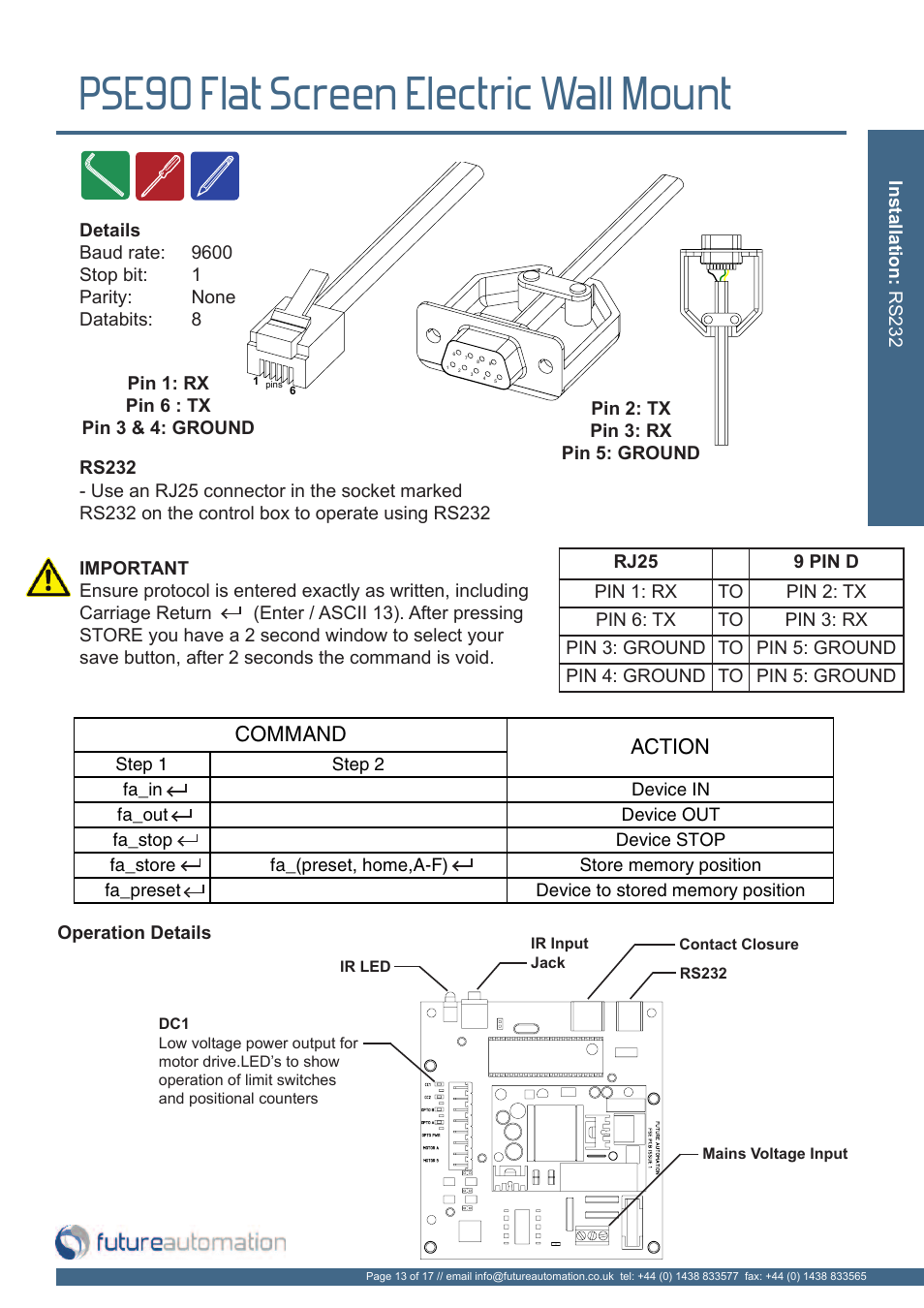 Pse90 flat screen electric wall mount, Command action | Future Automation PSE90 User Manual | Page 14 / 19