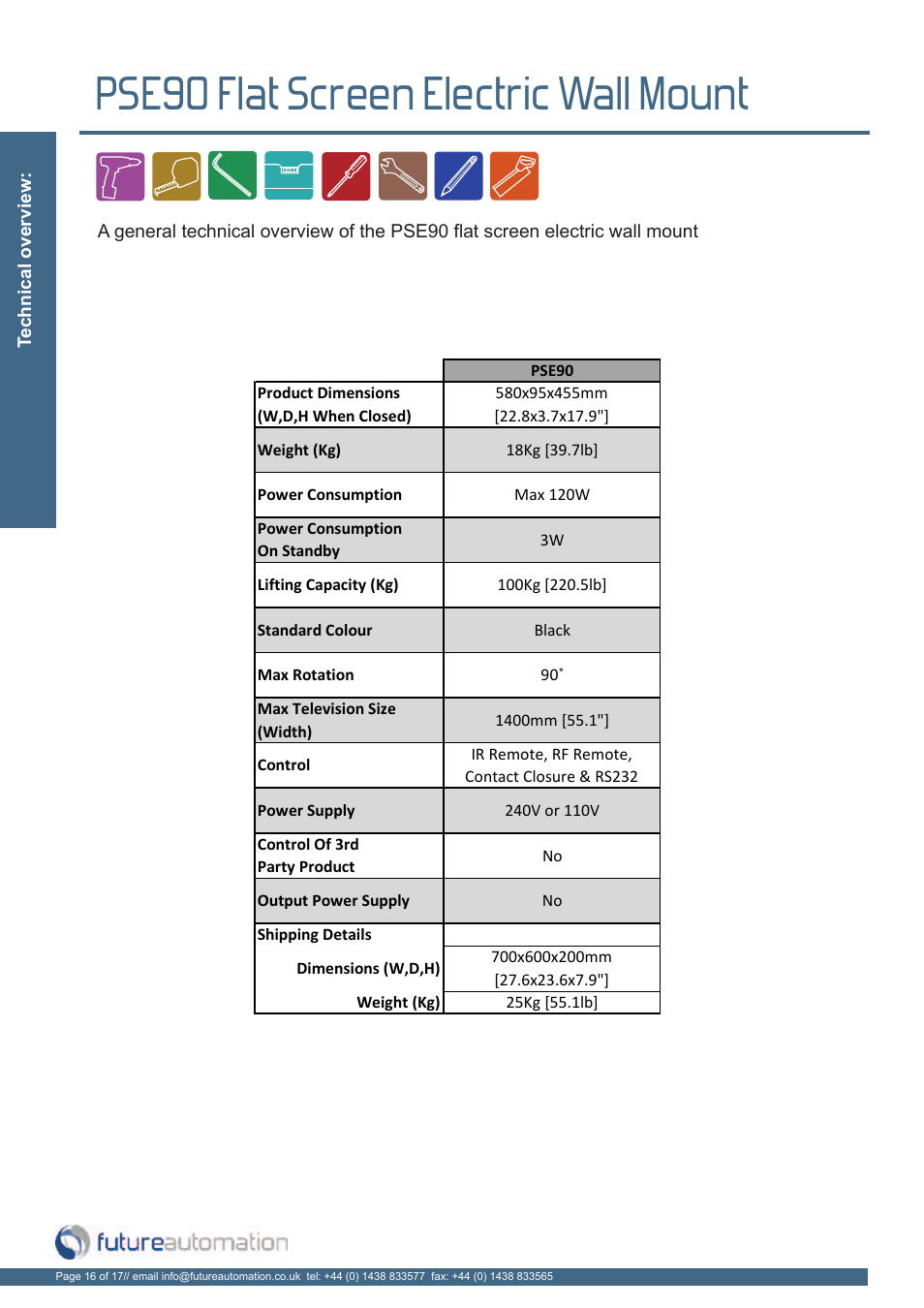 Pse90 flat screen electric wall mount | Future Automation PSE90 User Manual | Page 17 / 19