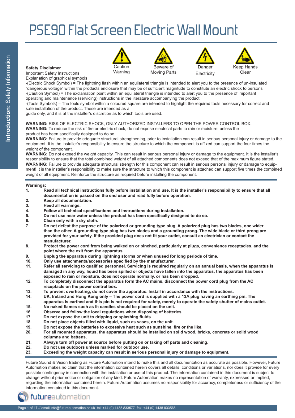 Pse90 flat screen electric wall mount, Introduction: safety information | Future Automation PSE90 User Manual | Page 2 / 19