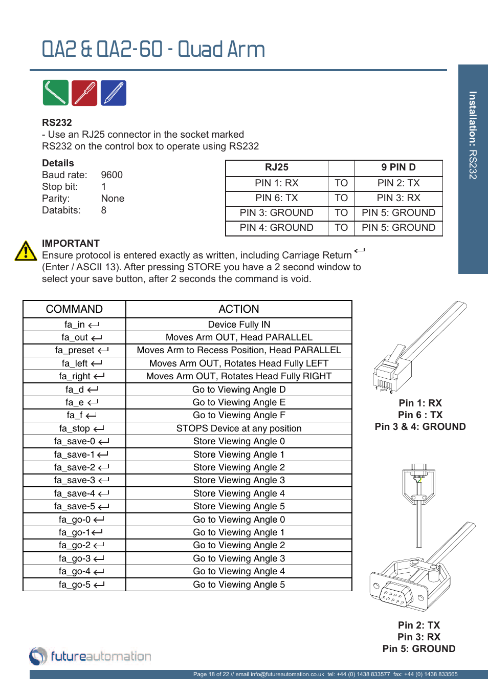 Qa2 & qa2-60 - quad arm, Command action | Future Automation QA2 User Manual | Page 19 / 24