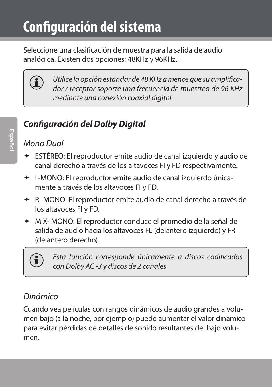 Configuración del dolby digital, Configuración del sistema, Configuración del dolby digital mono dual | Dinámico | COBY electronic DVD938 User Manual | Page 100 / 180