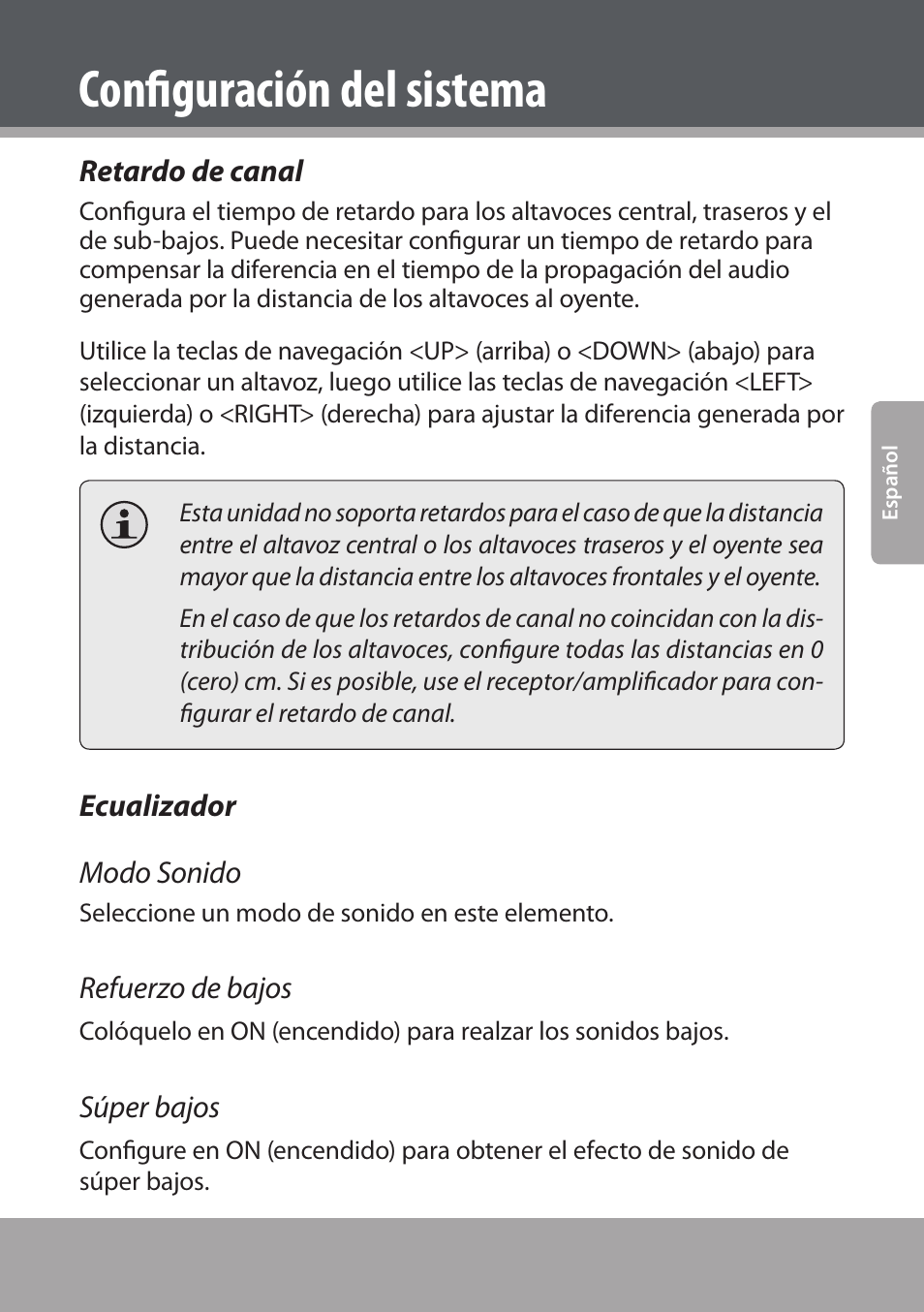 Retardo de canal, Ecualizador, Configuración del sistema | Ecualizador modo sonido, Refuerzo de bajos, Súper bajos | COBY electronic DVD938 User Manual | Page 101 / 180