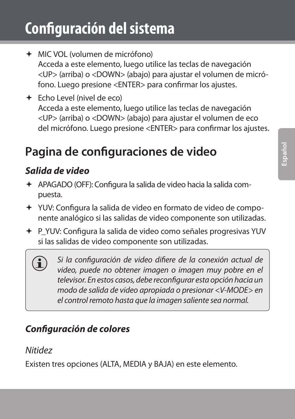Salida de video, Configuración de colores, Configuración del sistema | Pagina de configuraciones de video, Configuración de colores nitidez | COBY electronic DVD938 User Manual | Page 105 / 180