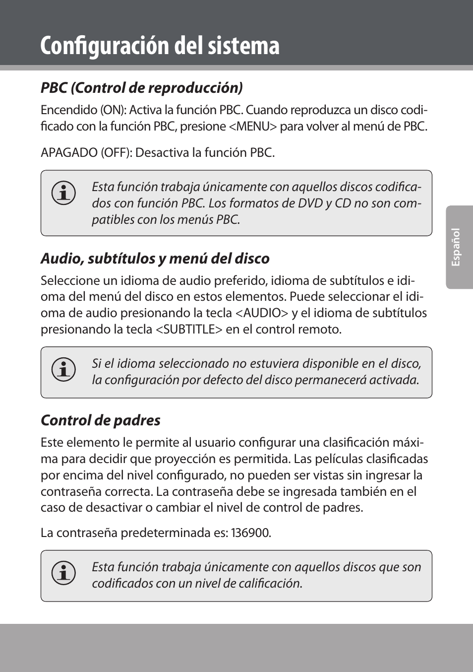 Pbc (control de reproducción), Audio, subtítulos y menú del disco, Control de padres | Configuración del sistema | COBY electronic DVD938 User Manual | Page 107 / 180