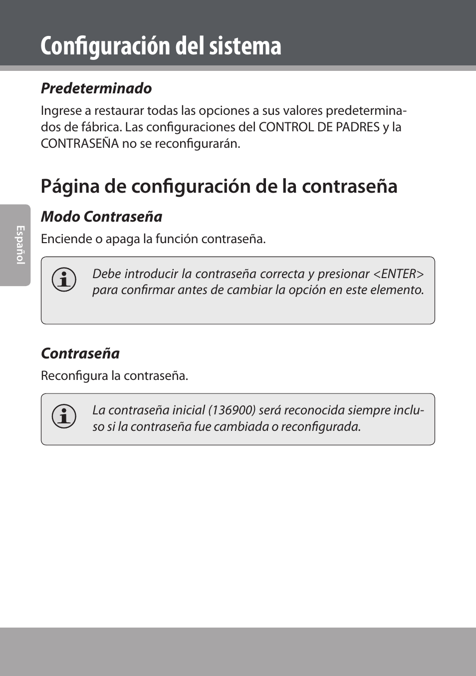 Predeterminado, Modo contraseña, Contraseña | Configuración del sistema, Página de configuración de la contraseña | COBY electronic DVD938 User Manual | Page 108 / 180