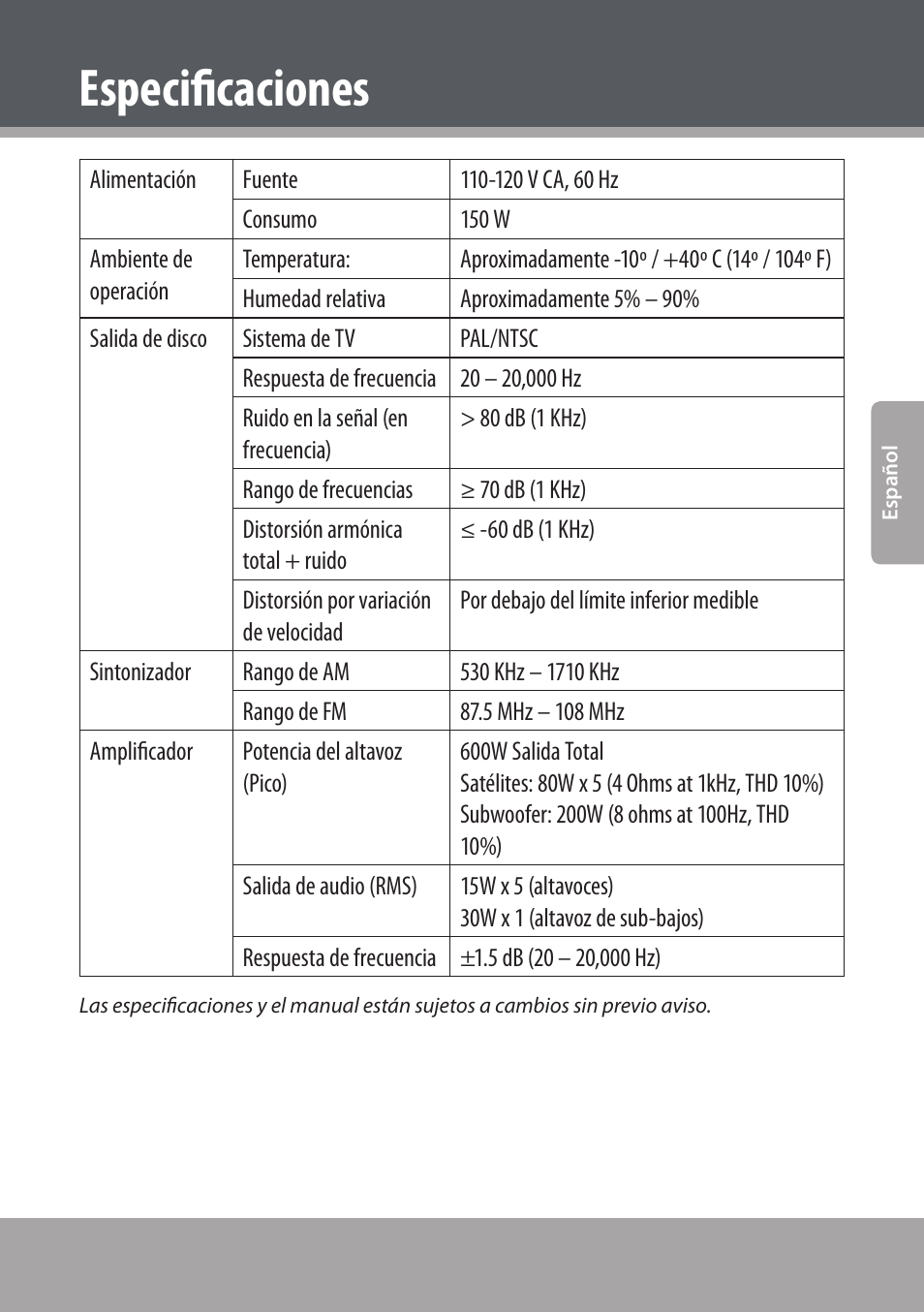 Especificaciones | COBY electronic DVD938 User Manual | Page 109 / 180