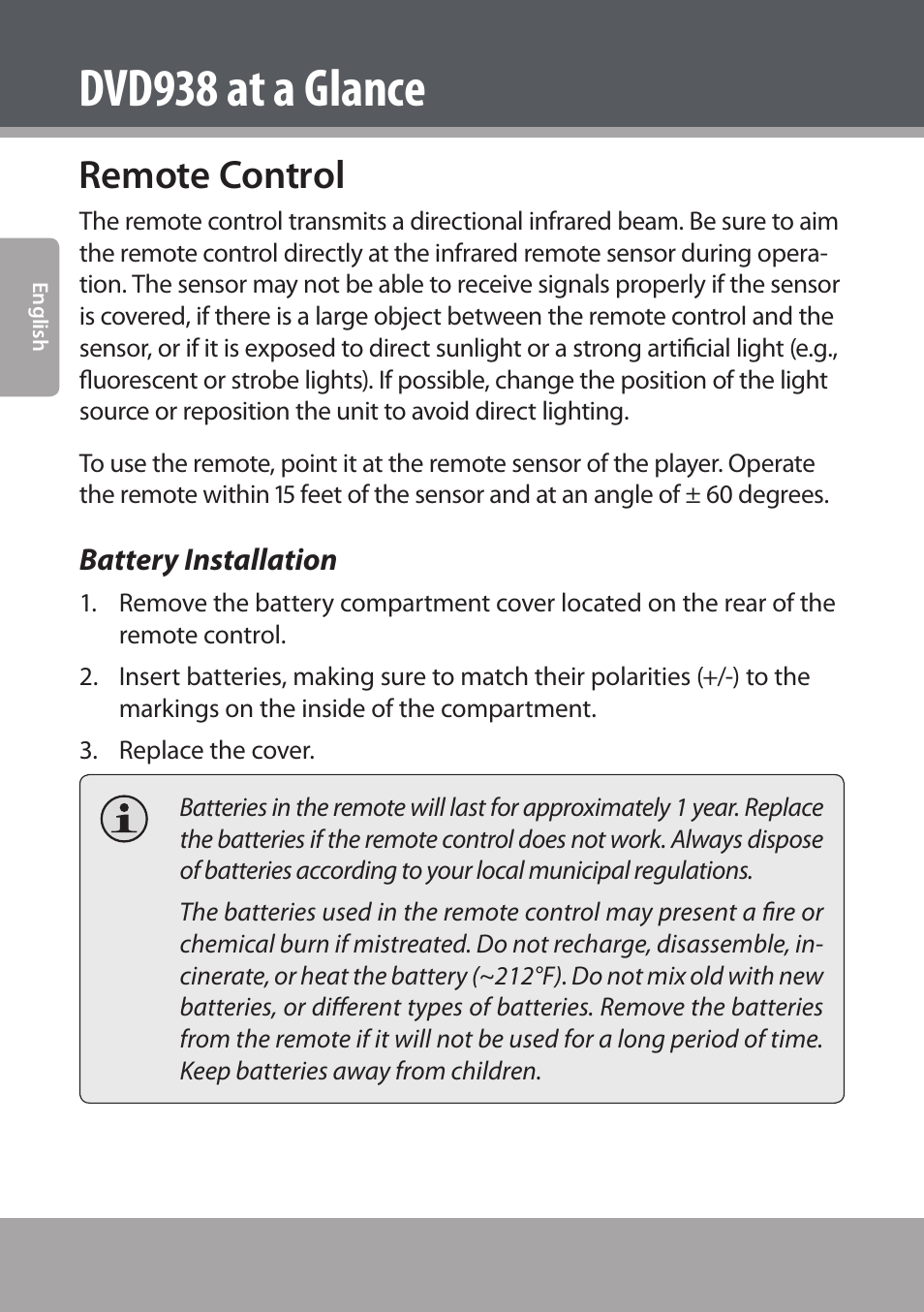 Remote control, Battery installation, Dvd938 at a glance | COBY electronic DVD938 User Manual | Page 12 / 180