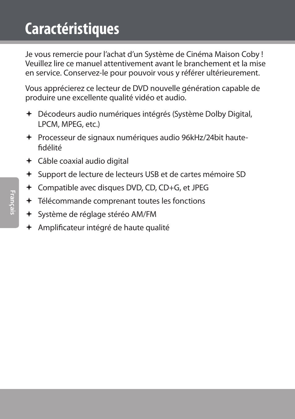 Caractéristiques | COBY electronic DVD938 User Manual | Page 124 / 180