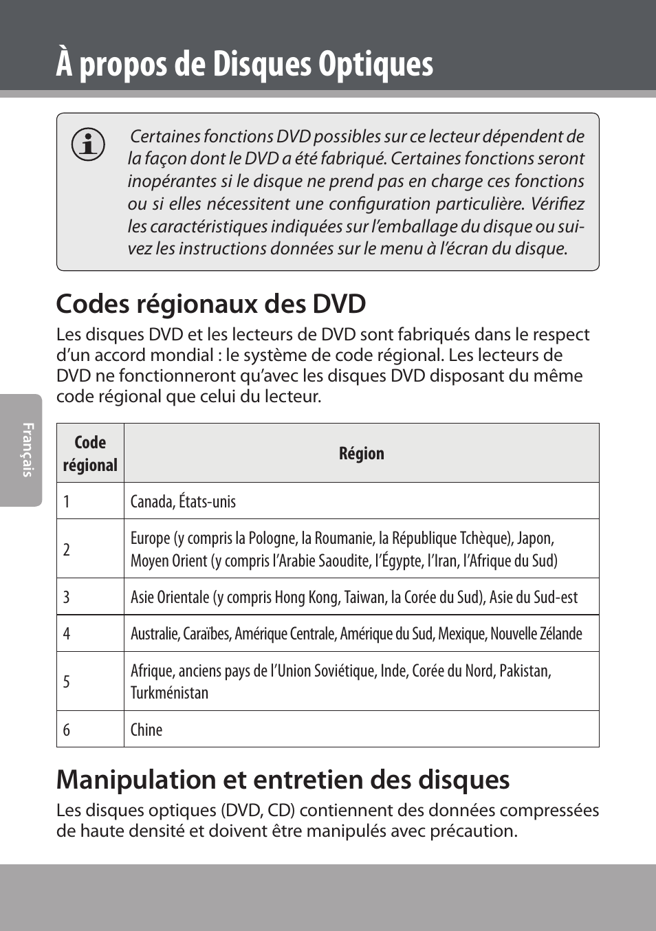 Codes régionaux des dvd, Manipulation et entretien des disques, À propos de disques optiques | COBY electronic DVD938 User Manual | Page 126 / 180